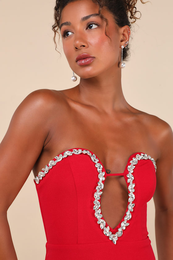 Lulus Sensational Luxury Red Rhinestone Cutout Strapless Maxi Dress In Red