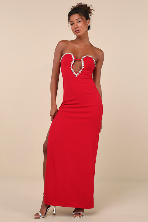 Lulus Sensational Luxury Red Rhinestone Cutout Strapless Maxi Dress In Red