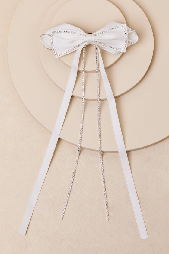 Ivory Ribbon Hair Bow - Rhinestone Trim Bow - Ivory Hair Bow Clip