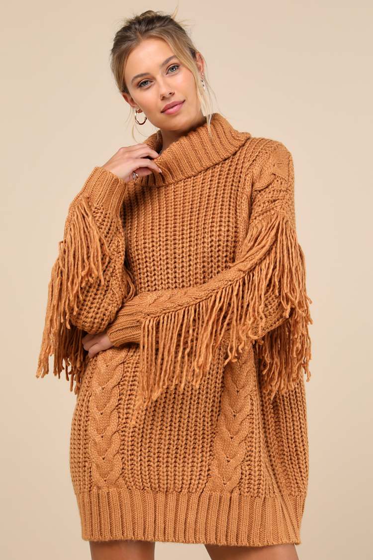 Tan Fringe Oversized Dress - Cable Sweater Dress - Mini Dress - Lulus