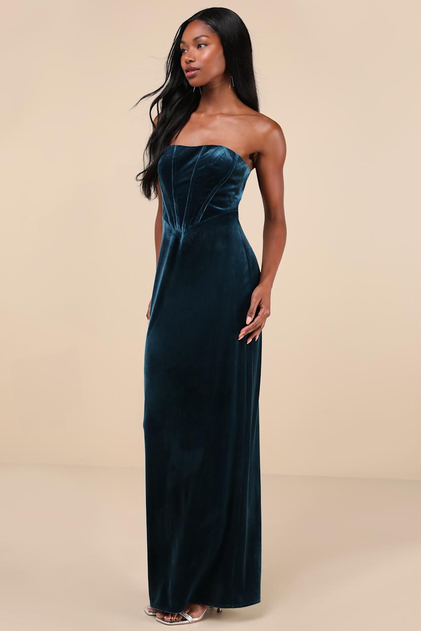 Teal Blue Dress - Bustier Velvet Dress - Strapless Maxi Dress - Lulus