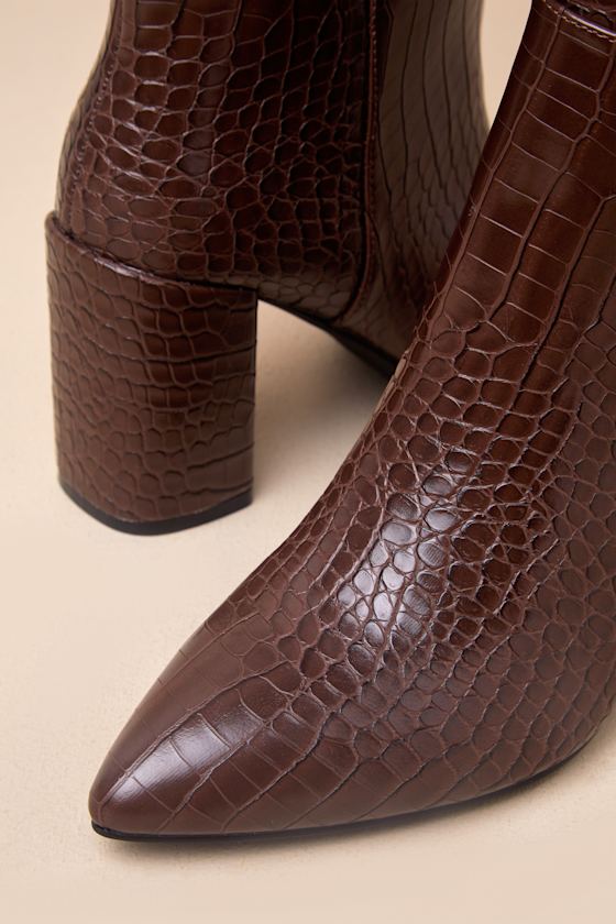 LULUS KATARI ESPRESSO CROC-EMBOSSED POINTED-TOE KNEE HIGH BOOTS