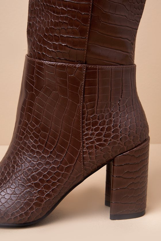 LULUS KATARI ESPRESSO CROC-EMBOSSED POINTED-TOE KNEE HIGH BOOTS