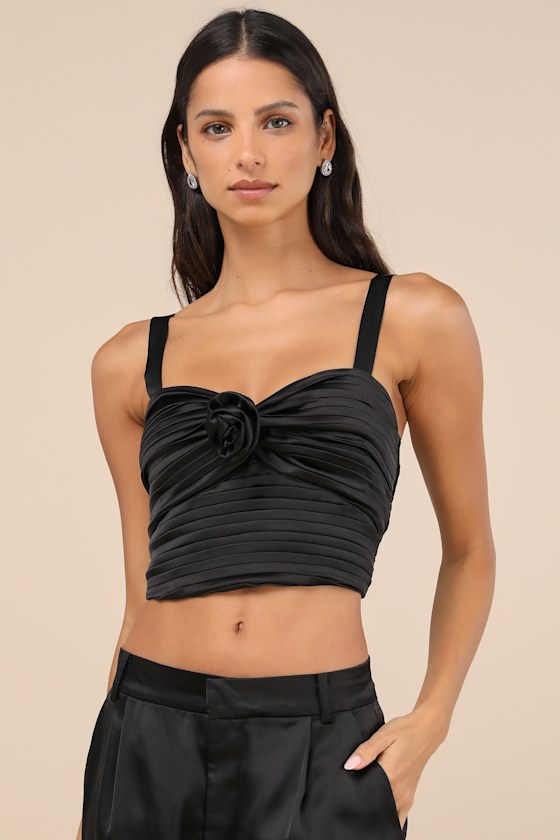 Lulus Flawless Behavior Black Satin Pleated Rosette Tank Top In Black