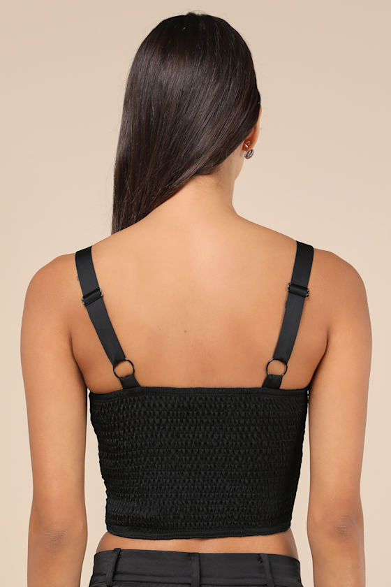Lulus Flawless Behavior Black Satin Pleated Rosette Tank Top In Black