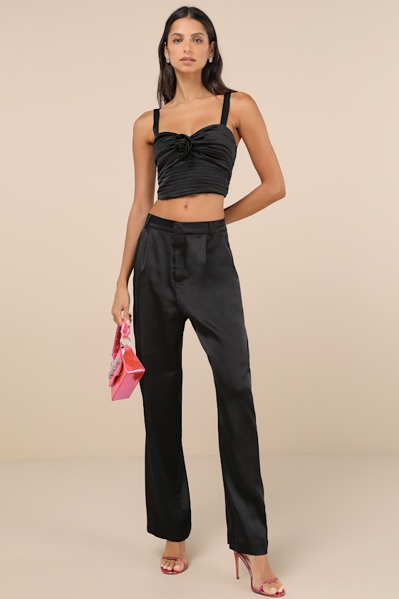 Lulus Flawless Behavior Black Satin Pleated Rosette Tank Top In Black