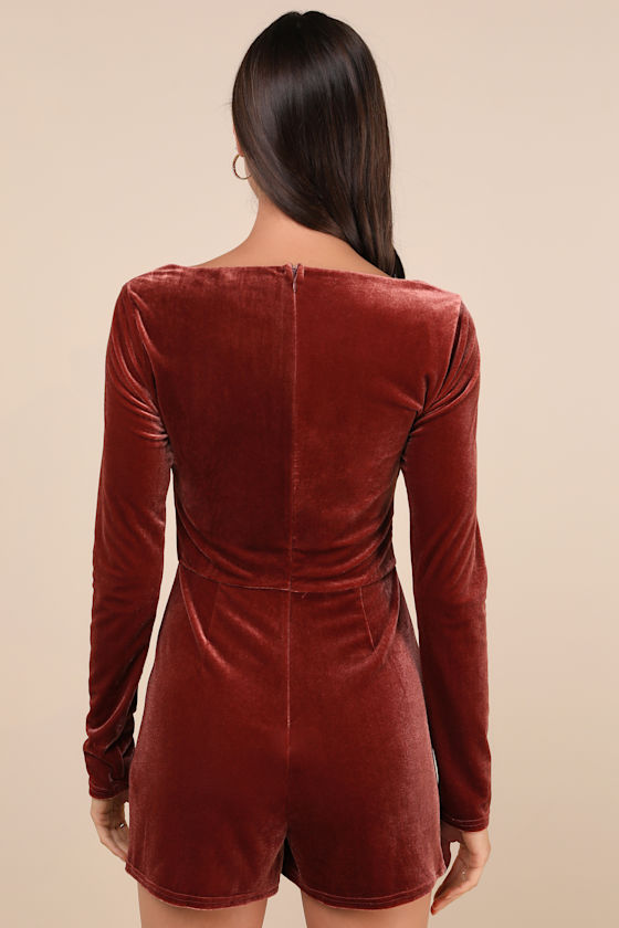 Lulus Admirable Aura Rust Velvet Long Sleeve Skort Romper In Orange