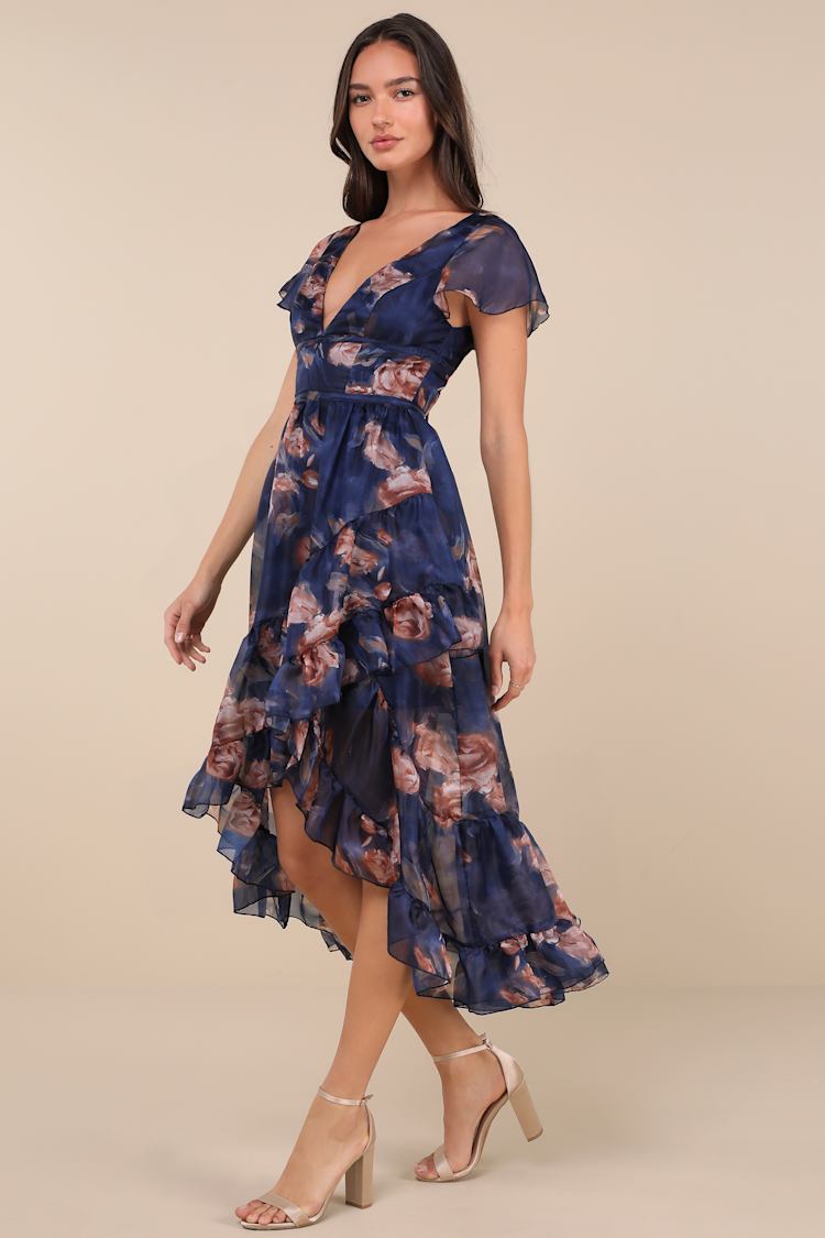 Cultivated Adoration Navy Floral Backless High-Low Midi Dress
