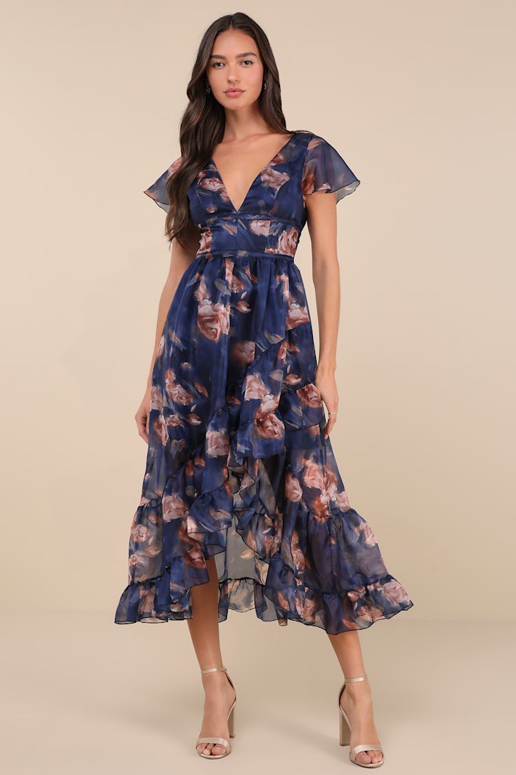 princess polly baby blue dress Blue Round Neck Short Bubble Sleeve High Low Ruffle Skirt Dress