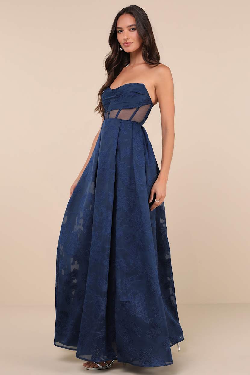 Navy Jacquard Dress - Strapless Maxi Dress - Bustier Maxi Dress - Lulus