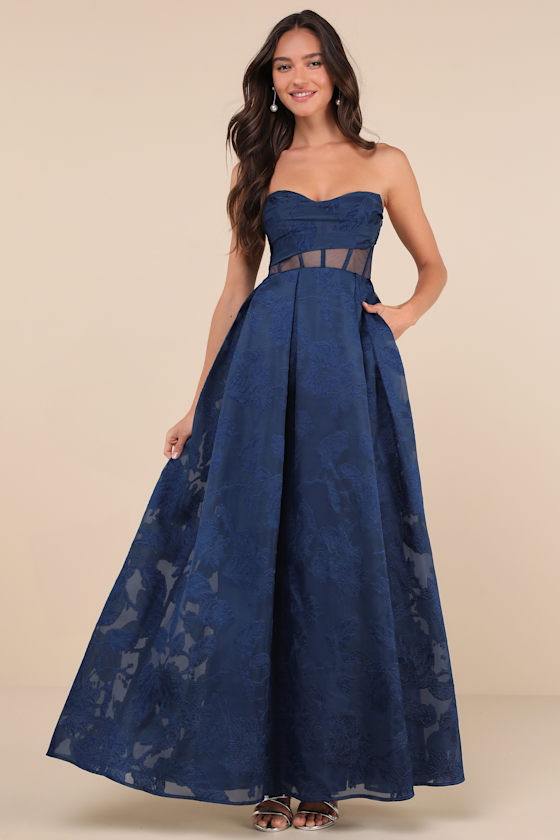 Enhanced Elegance Navy Jacquard Strapless Dress with Pockets 2
