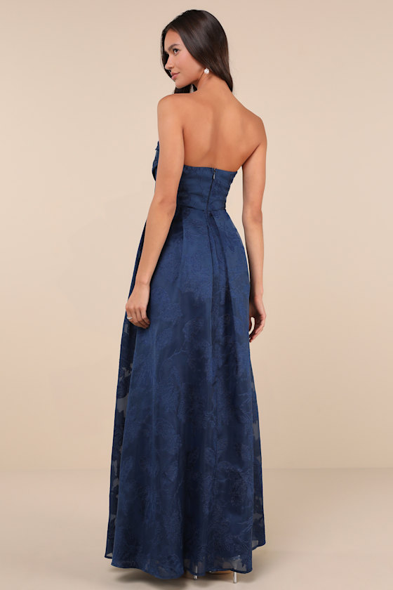 Lulus Enhanced Elegance Navy Jacquard Strapless Dress With Pockets In Navy