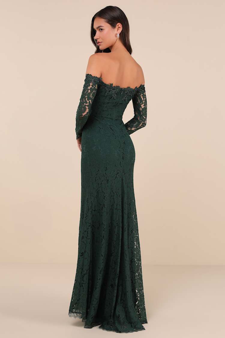 Romance Dreamer Green Lace Off-the-Shoulder Maxi Dress