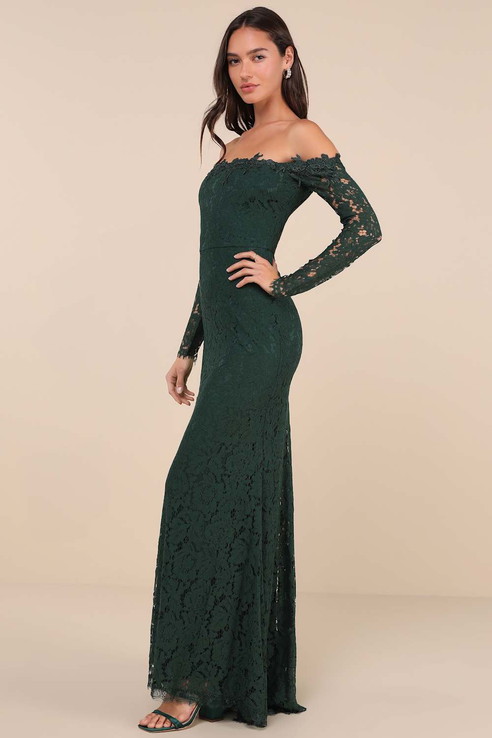 Romance Dreamer Green Lace Off-the-Shoulder Maxi Dress