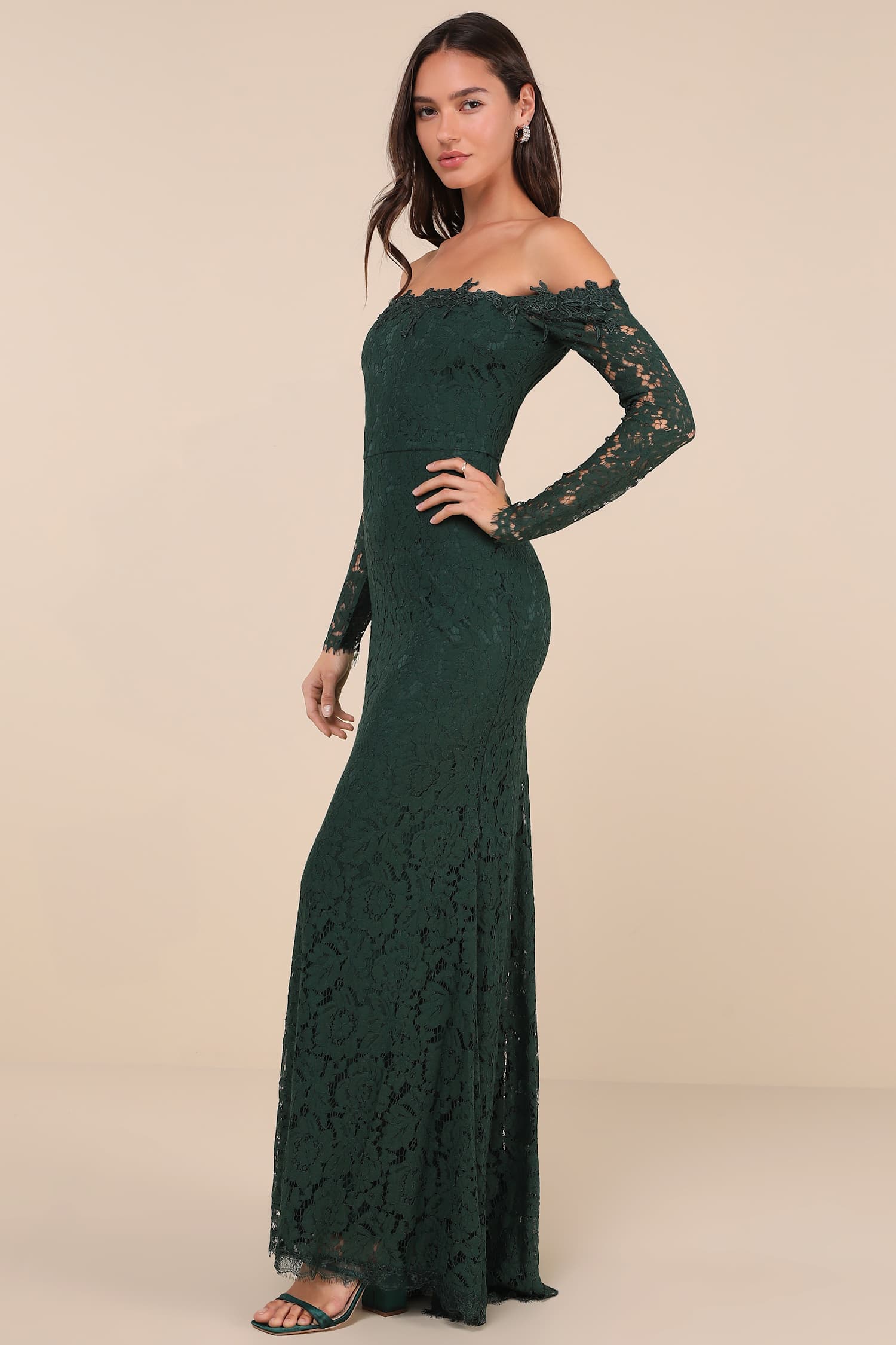 Romance Dreamer Green Lace Off-the-Shoulder Maxi Dress