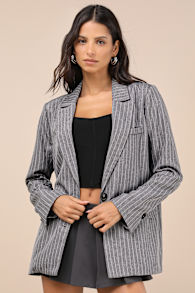 Convincing Charisma Grey Pinstriped Blazer