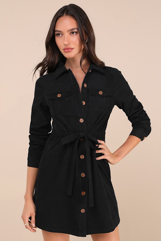 Lulus Simple Affection Black Corduroy Mini Dress With Pockets In Black