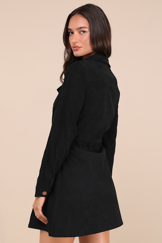 Simple Affection Black Corduroy Mini Dress With Pockets 1