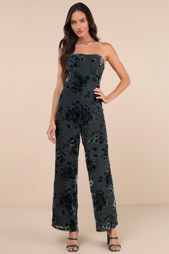 Lulus Charismatic Splendor Teal Velvet Burnout Strapless Jumpsuit In Teal