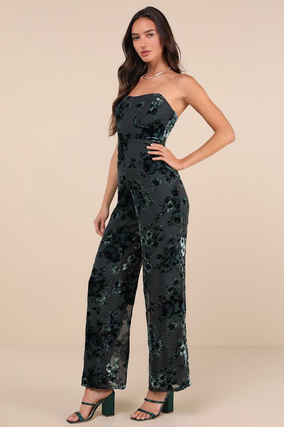 Lulus Charismatic Splendor Teal Velvet Burnout Strapless Jumpsuit In Teal