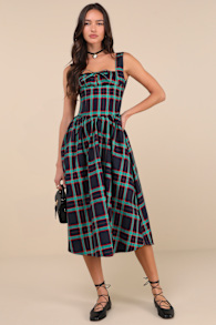Dola Green and Red Plaid Sleeveless Bustier Midi Dress 1