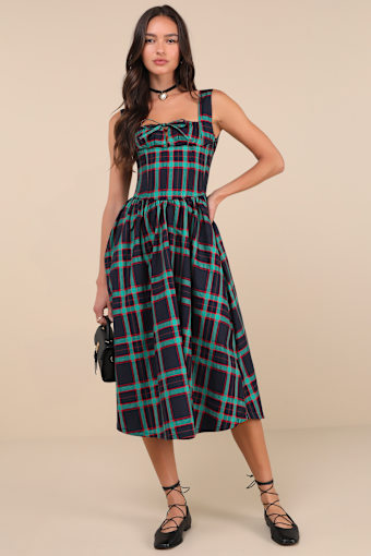 Dola Green and Red Plaid Sleeveless Bustier Midi Dress 1