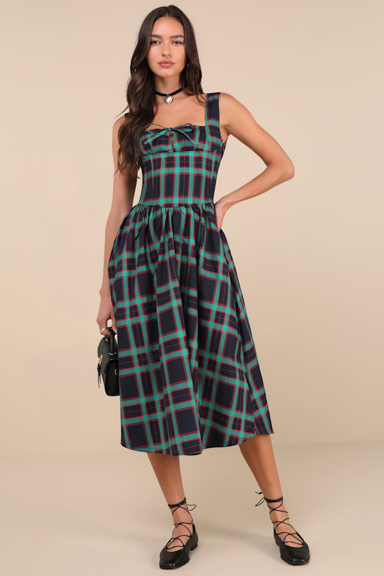 Dola Green and Red Plaid Sleeveless Bustier Midi Dress 1