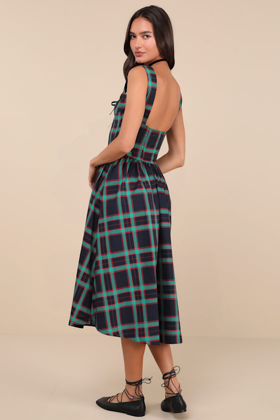 Dola Green and Red Plaid Sleeveless Bustier Midi Dress 2