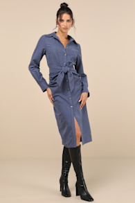 Autumnal Views Dark Blue Suede Button-Up Tie-Front Midi Dress