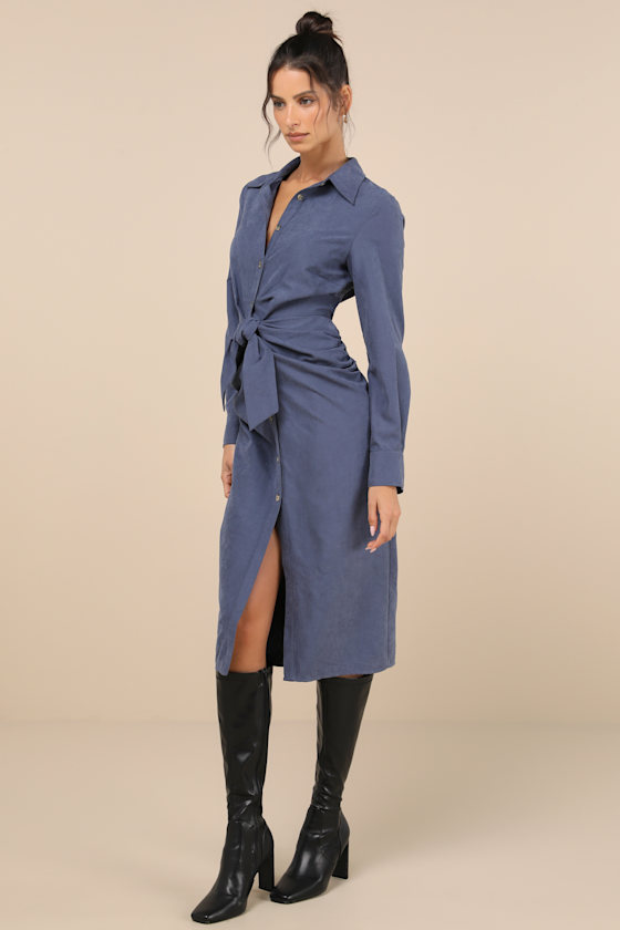 LULUS AUTUMNAL VIEWS DARK BLUE SUEDE BUTTON-UP TIE-FRONT MIDI DRESS