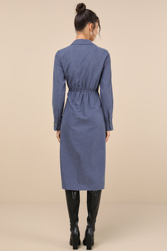 LULUS AUTUMNAL VIEWS DARK BLUE SUEDE BUTTON-UP TIE-FRONT MIDI DRESS