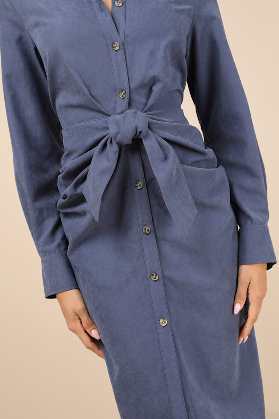 LULUS AUTUMNAL VIEWS DARK BLUE SUEDE BUTTON-UP TIE-FRONT MIDI DRESS