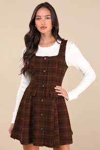 Autumn Approach Brown Plaid Sleeveless Button-Up Mini Dress 2