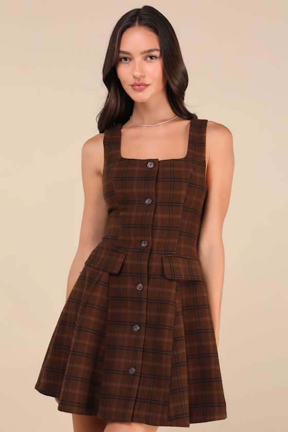 Lulus Autumn Approach Brown Plaid Sleeveless Button-up Mini Dress In Brown