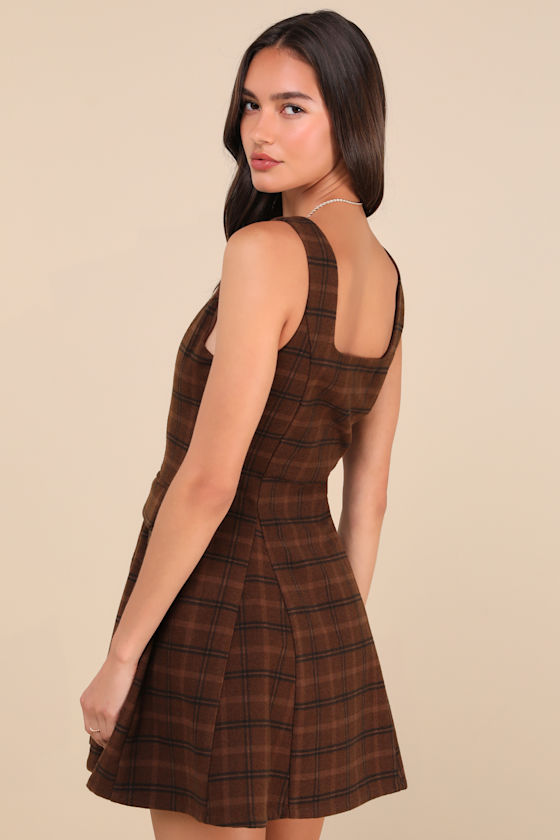 Lulus Autumn Approach Brown Plaid Sleeveless Button-up Mini Dress In Brown