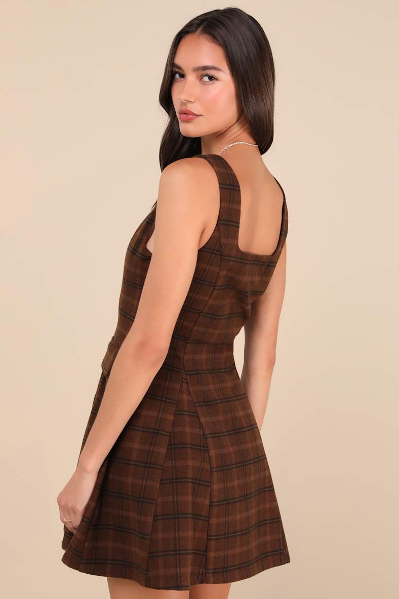 Autumn Approach Brown Plaid Sleeveless Button-Up Mini Dress