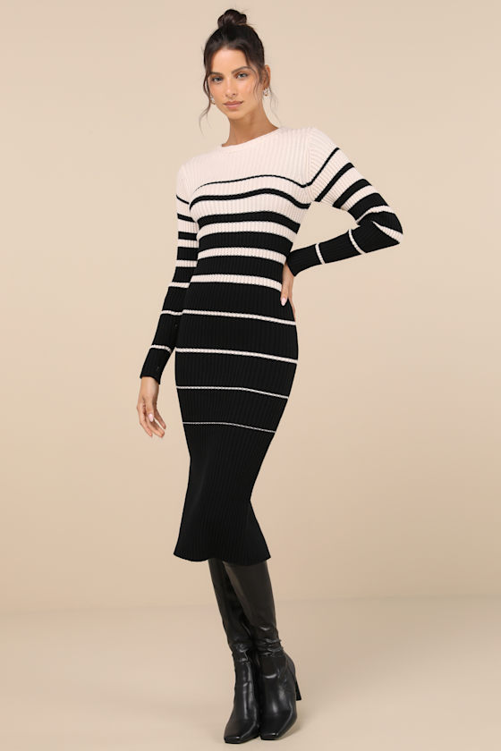 Shop Lulus Seasonal Status Black And Ivory Striped Midi Sweater Dress