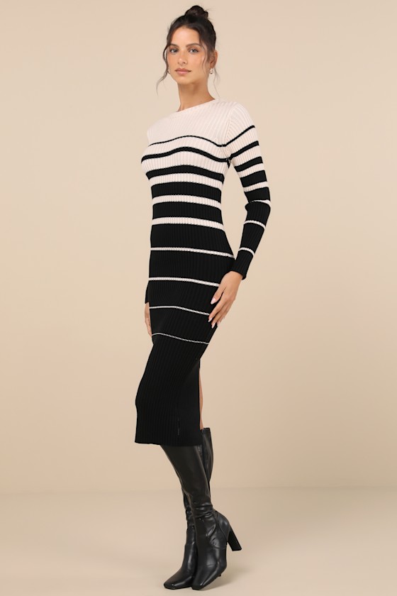 Shop Lulus Seasonal Status Black And Ivory Striped Midi Sweater Dress