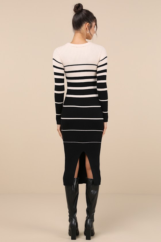 Shop Lulus Seasonal Status Black And Ivory Striped Midi Sweater Dress