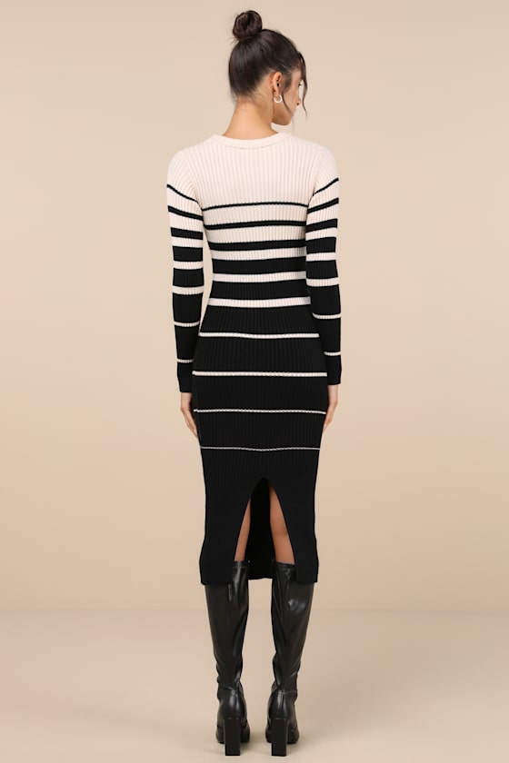 Seasonal Status Black and Ivory Striped Midi Sweater Dress