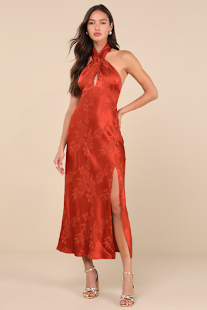 ASTR the Label Marissa Dress - Rust Satin Dress - Jacquard Dress - Lulus ASTR the Label Marissa Dress - Rust Satin Dress - Jacquard Dress - Lulus