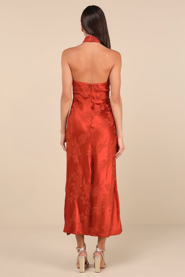 Marissa Rust Floral Jacquard Satin Halter Midi Dress