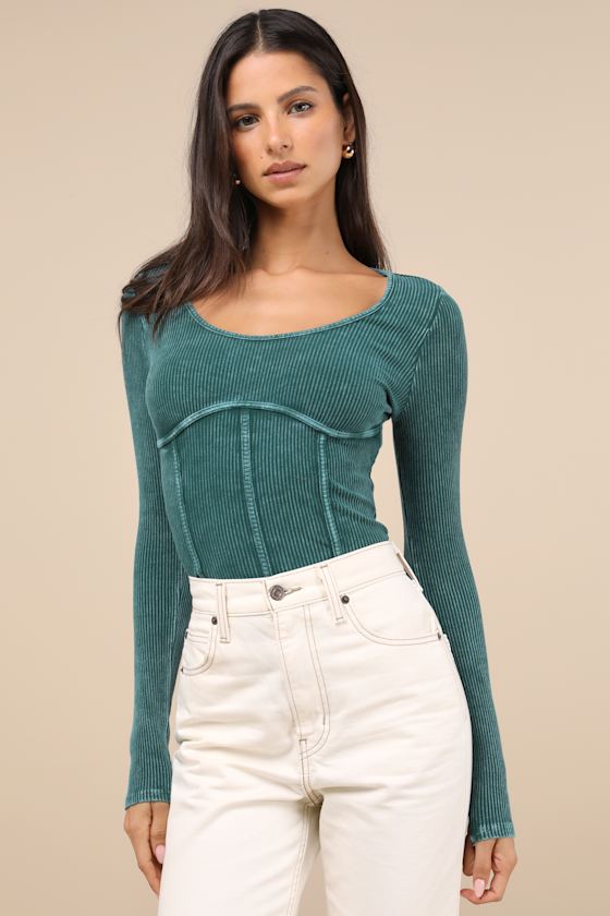 Lulus Endless Cuteness Washed Teal Ribbed Seamed Long Sleeve Top In Teal
