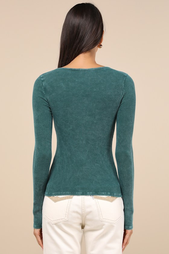 Lulus Endless Cuteness Washed Teal Ribbed Seamed Long Sleeve Top In Teal