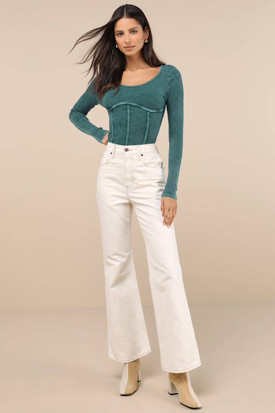 Lulus Endless Cuteness Washed Teal Ribbed Seamed Long Sleeve Top In Teal