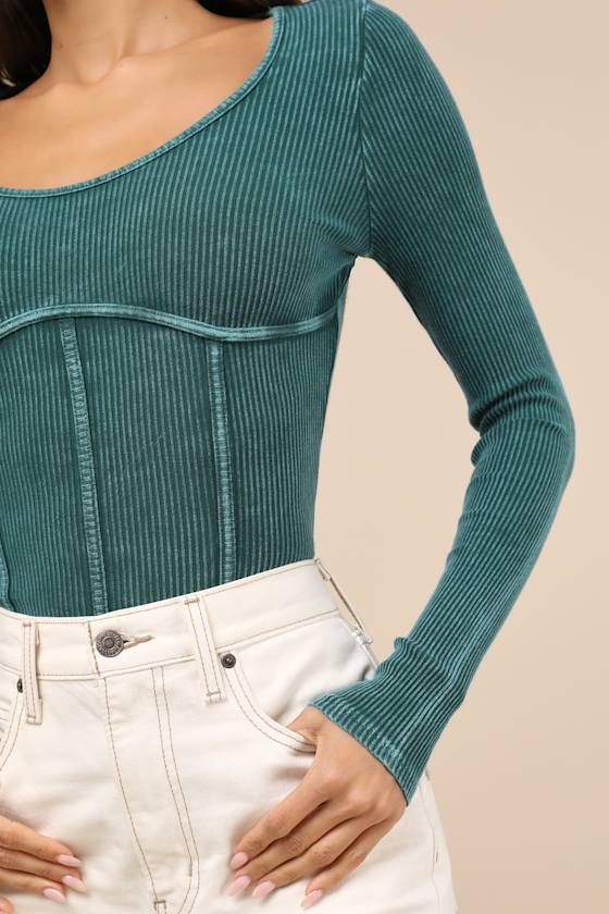 Lulus Endless Cuteness Washed Teal Ribbed Seamed Long Sleeve Top In Teal