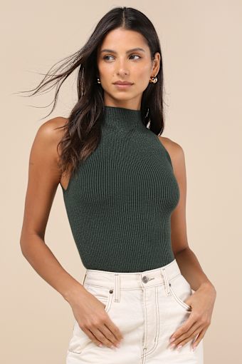 Seasonal Sophistication Green Ribbed Mock Neck Sweater Tank Top 2