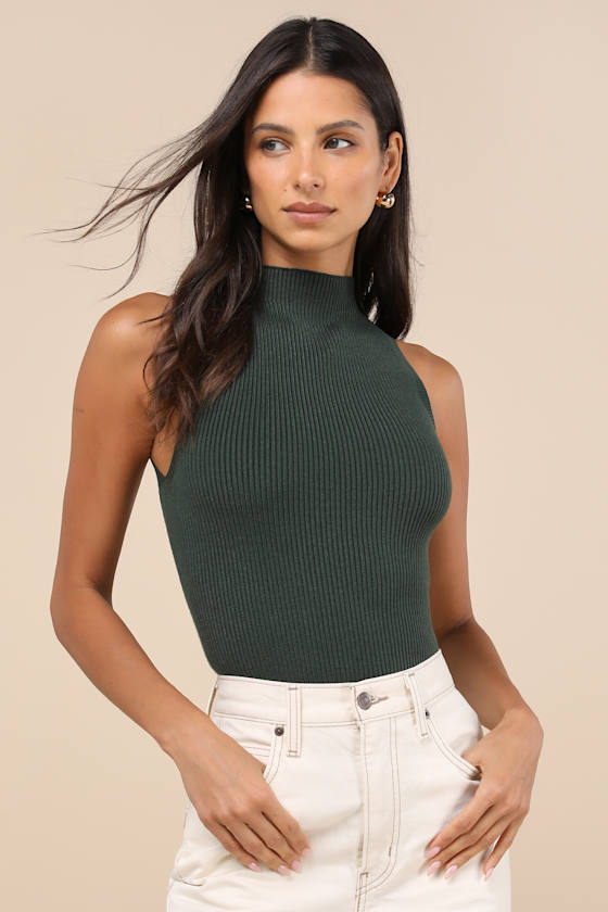 Seasonal Sophistication Green Ribbed Mock Neck Sweater Tank Top 2