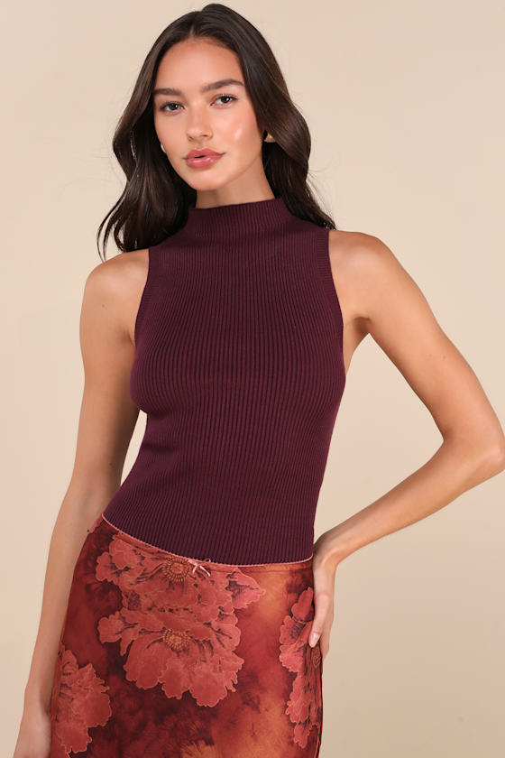 Seasonal Sophistication Plum Ribbed Mock Neck Sweater Tank Top 2
