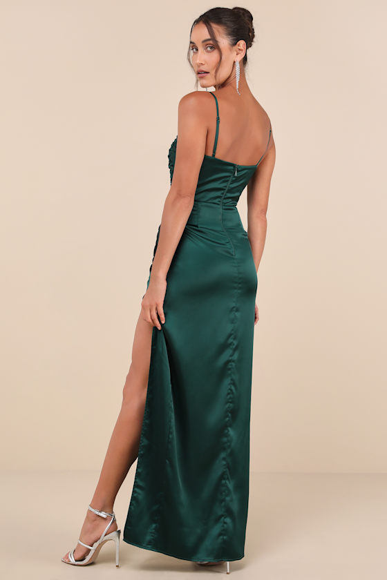 Lulus Luxurious Marvel Emerald Satin Ruched Column Maxi Dress In Green